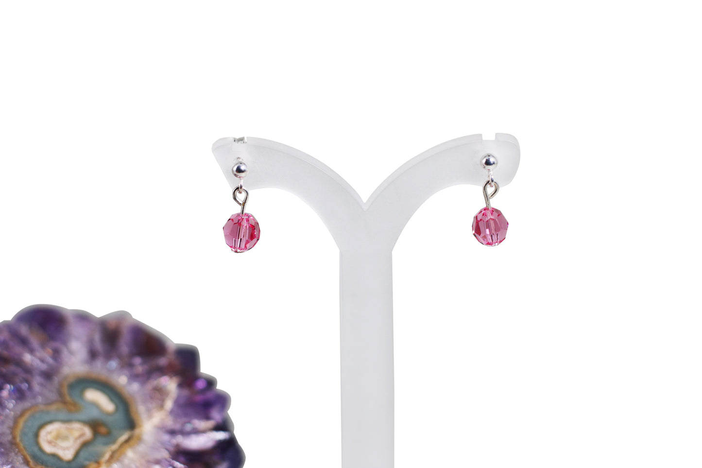 Rose Pink Austrian Crystals Sterling Silver Stud Earrings with 3mm Ball