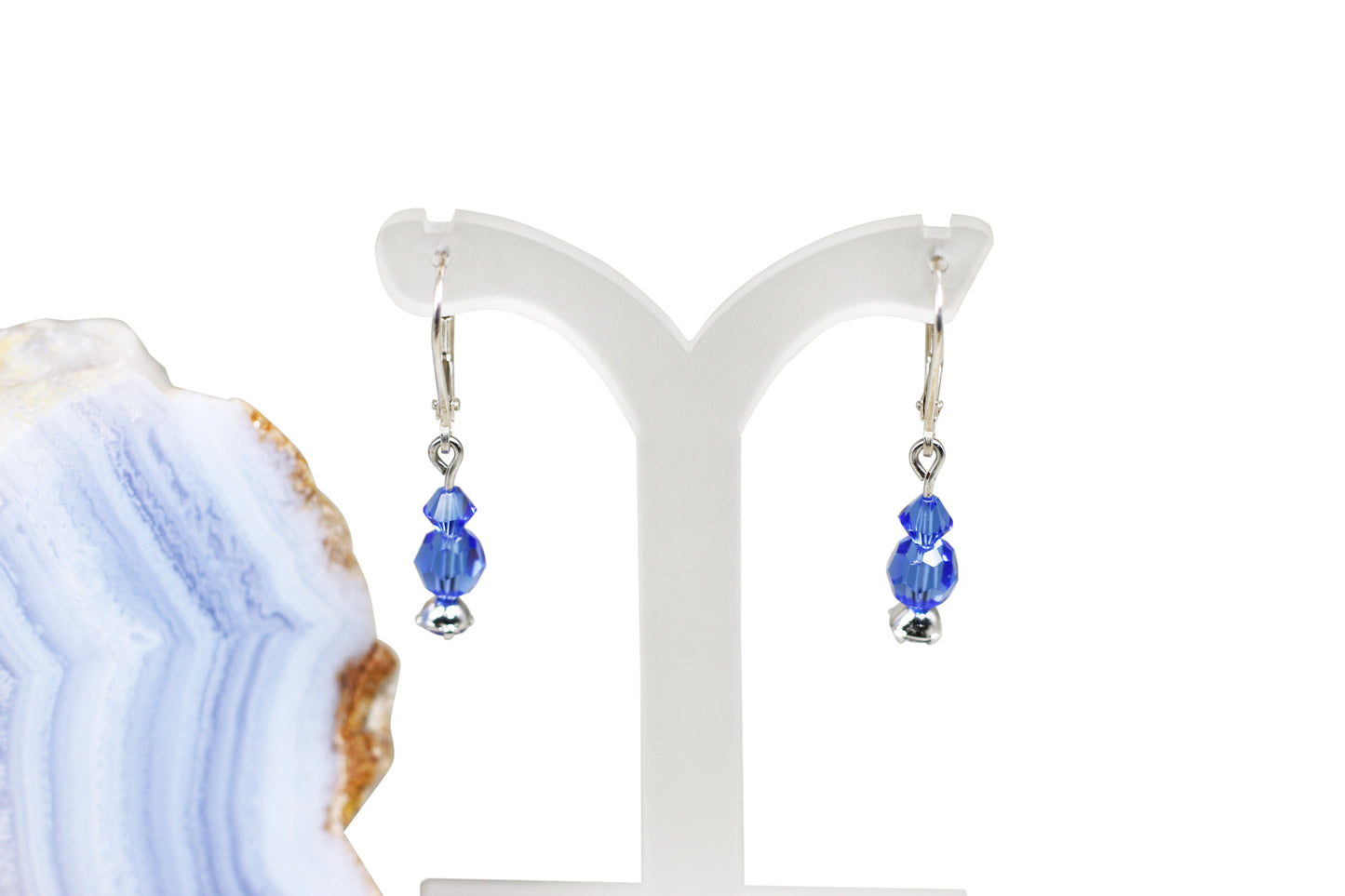 Sapphire Blue Austrian Crystals Sterling Silver Leverback Earrings