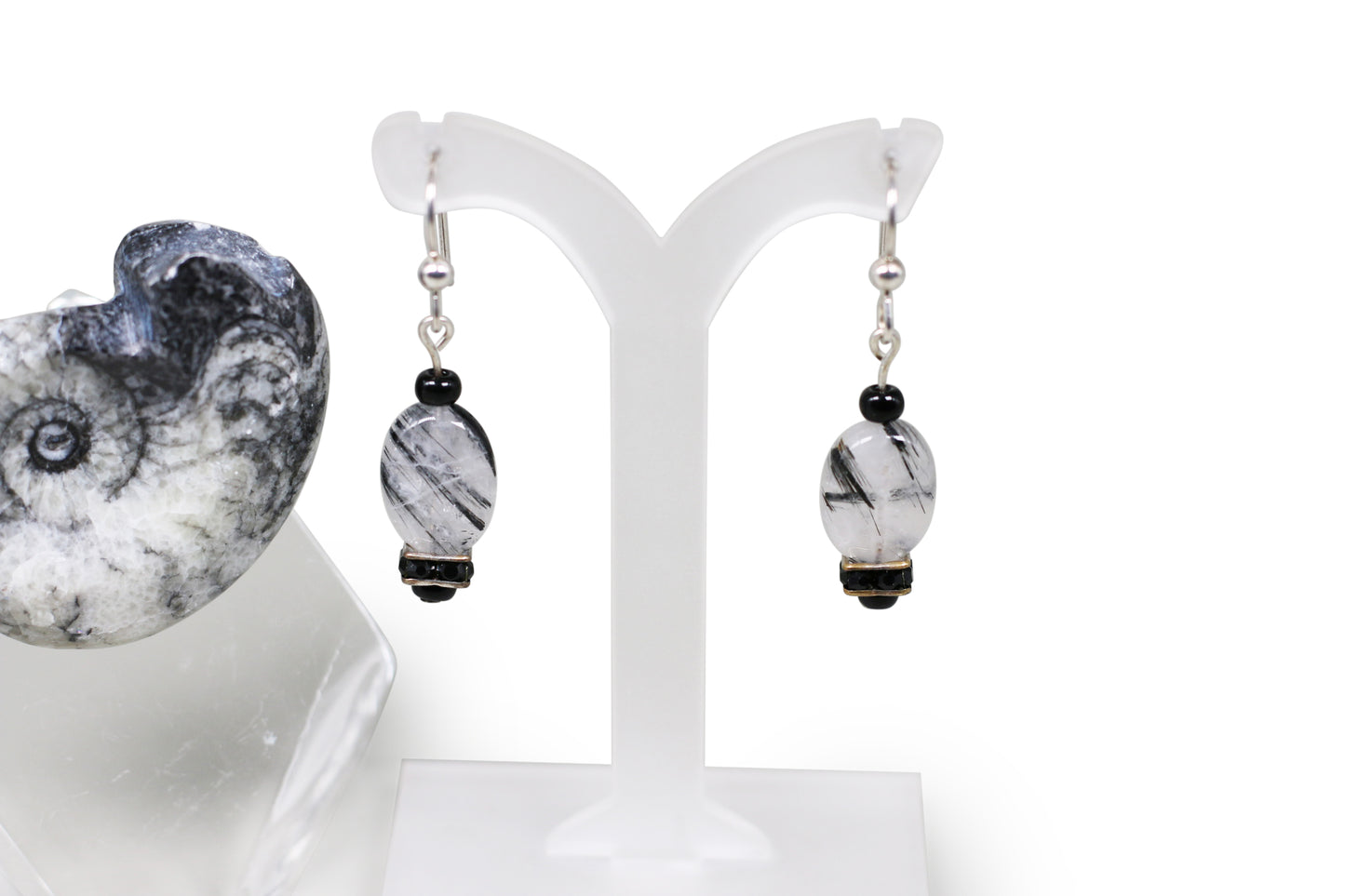 Tourmalinated Quartz Natural Gemstone Sterling Silver Fishhook Earrings