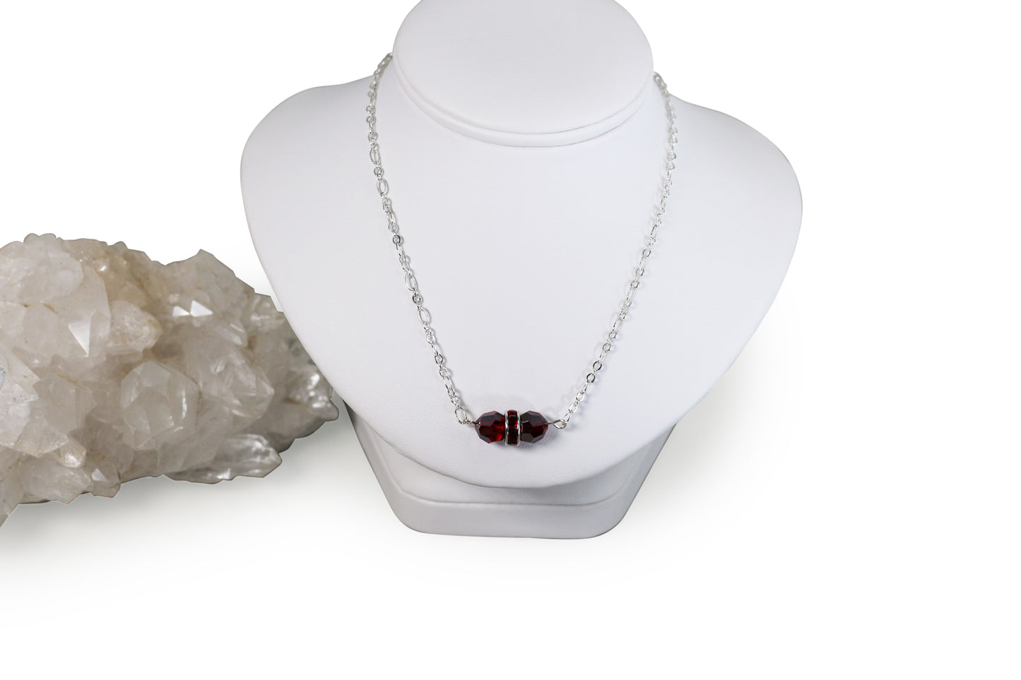 Siam Burgundy Austrian Crystals 18" Figaro Chain Necklace with Sterling Silver Components and Rondelle