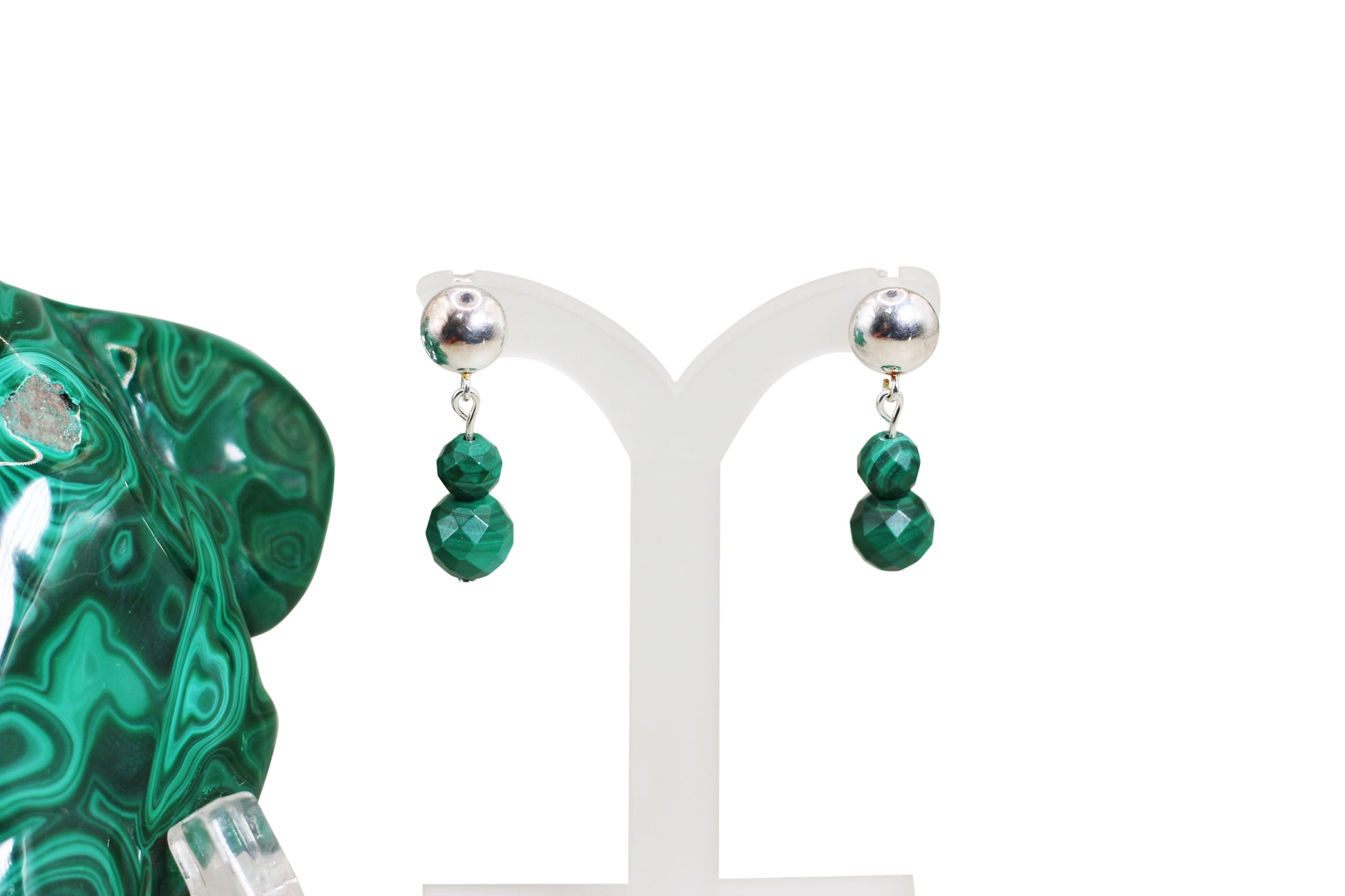 Malachite Natural Gemstone Sterling Silver Stud Earrings with 8mm Ball - Annabel's Jewelry & Leather