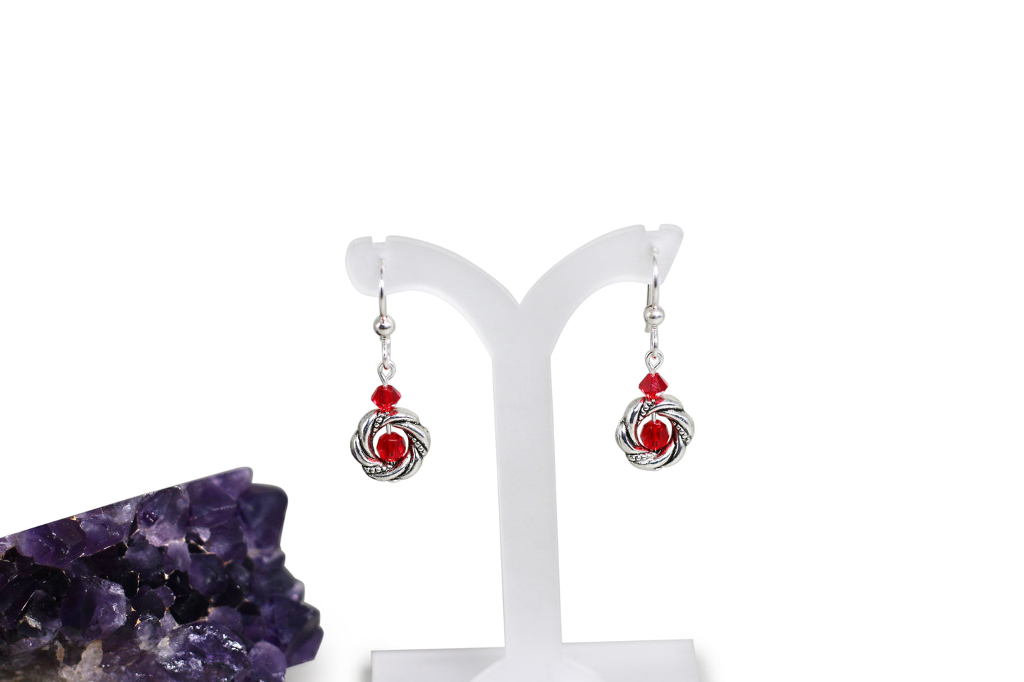 Light Siam Red Preciosa Czech Crystals Sterling Silver Fishhook Earrings with Twisted Donut - Annabel's Jewelry & Leather