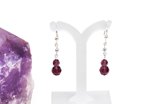 Amethyst Purple Austrian Crystals Sterling Silver Fishhook Earrings w/3mm Sterling Silver Bead