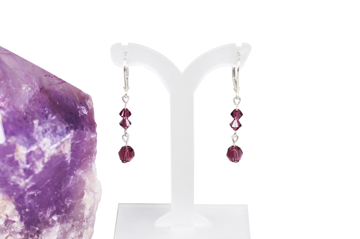 Amethyst Purple Austrian Crystals Sterling Silver Leverback Earrings