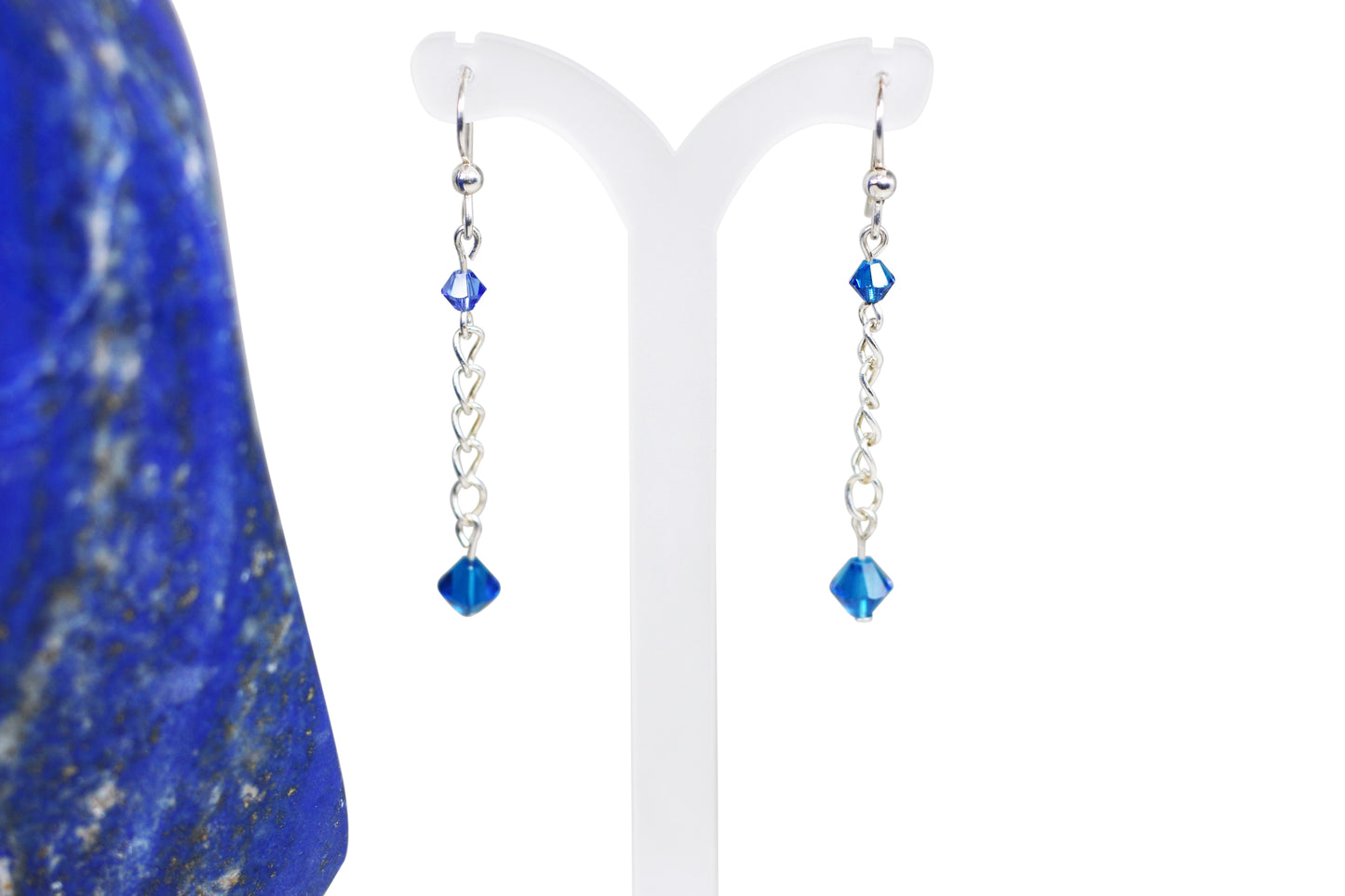 Sapphire Blue Austrian Crystals Sterling Silver Fishhook Earrings w/Chain