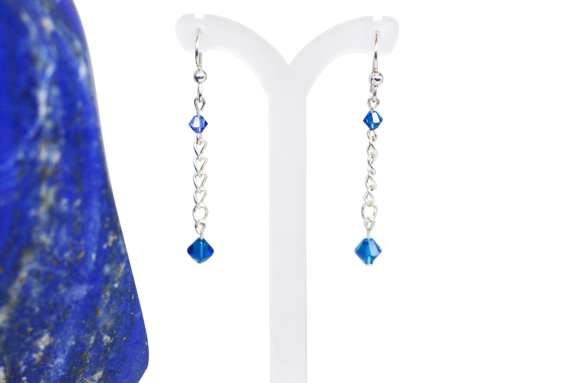 Sapphire Blue Austrian Crystals Sterling Silver Fishhook Earrings w/Chain - Annabel's Jewelry & Leather