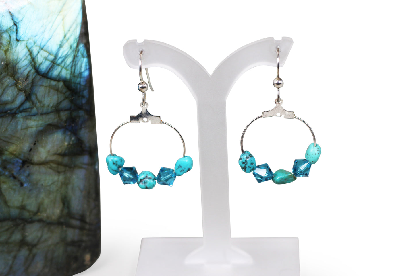 Turquoise Treated Gemstone and Turquoise Austrian Crystals Sterling Silver Fishhook Earrings with Hoop