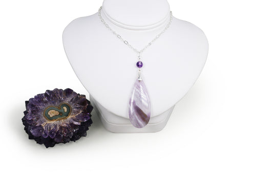 Amethyst Natural Gemstone Pendant 20" Figaro Chain Necklace with Sterling Components and 3" Extender Chain