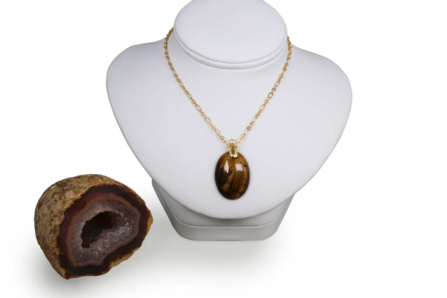 Tiger Eye Natural Gemstone Oval Pendant 20" Figaro Chain Necklace with Gold Filled Components and 3" Extender