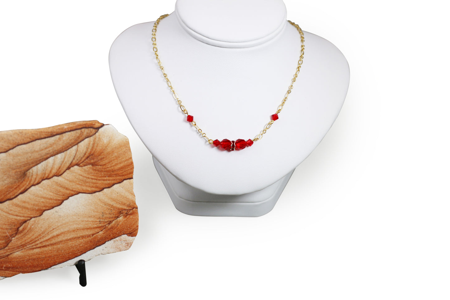 Light Siam Red Preciosa Czech Crystals 18" Figaro Chain Necklace with Rondelle and Gold Fllled Components - Annabel's Jewelry & Leather