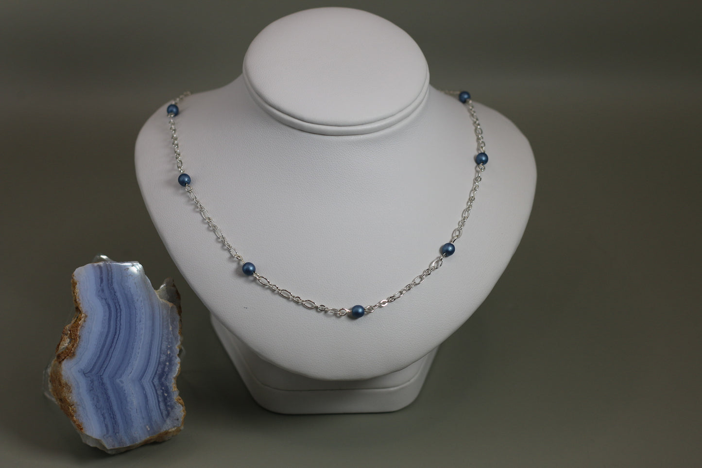 Czech Glass Light Blue Pearls 18" Figaro Chain Necklace with Sterling Silver Components - Annabel's Jewelry & Leather