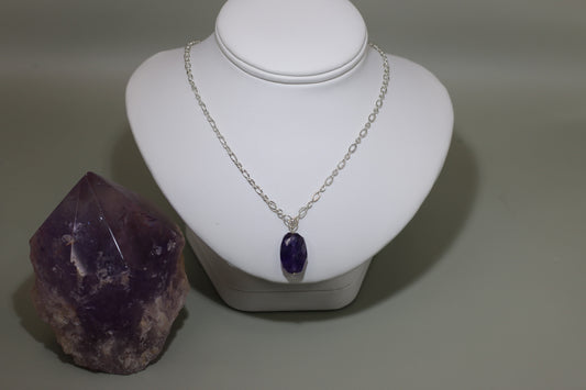 Amethyst Natural Gemstone Drop 18" Figaro Chain Necklace Sterling Silver Components