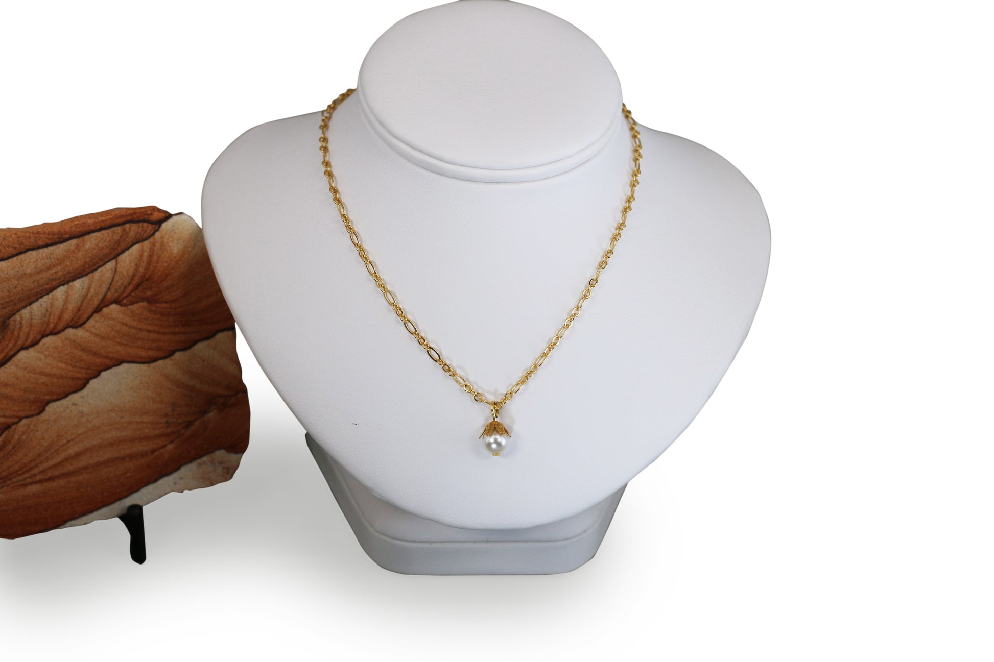 White Preciosa Czech Pearl 17" Figaro Chain Necklace with Gold Filled Components and Bead Cap - Annabel's Jewelry & Leather