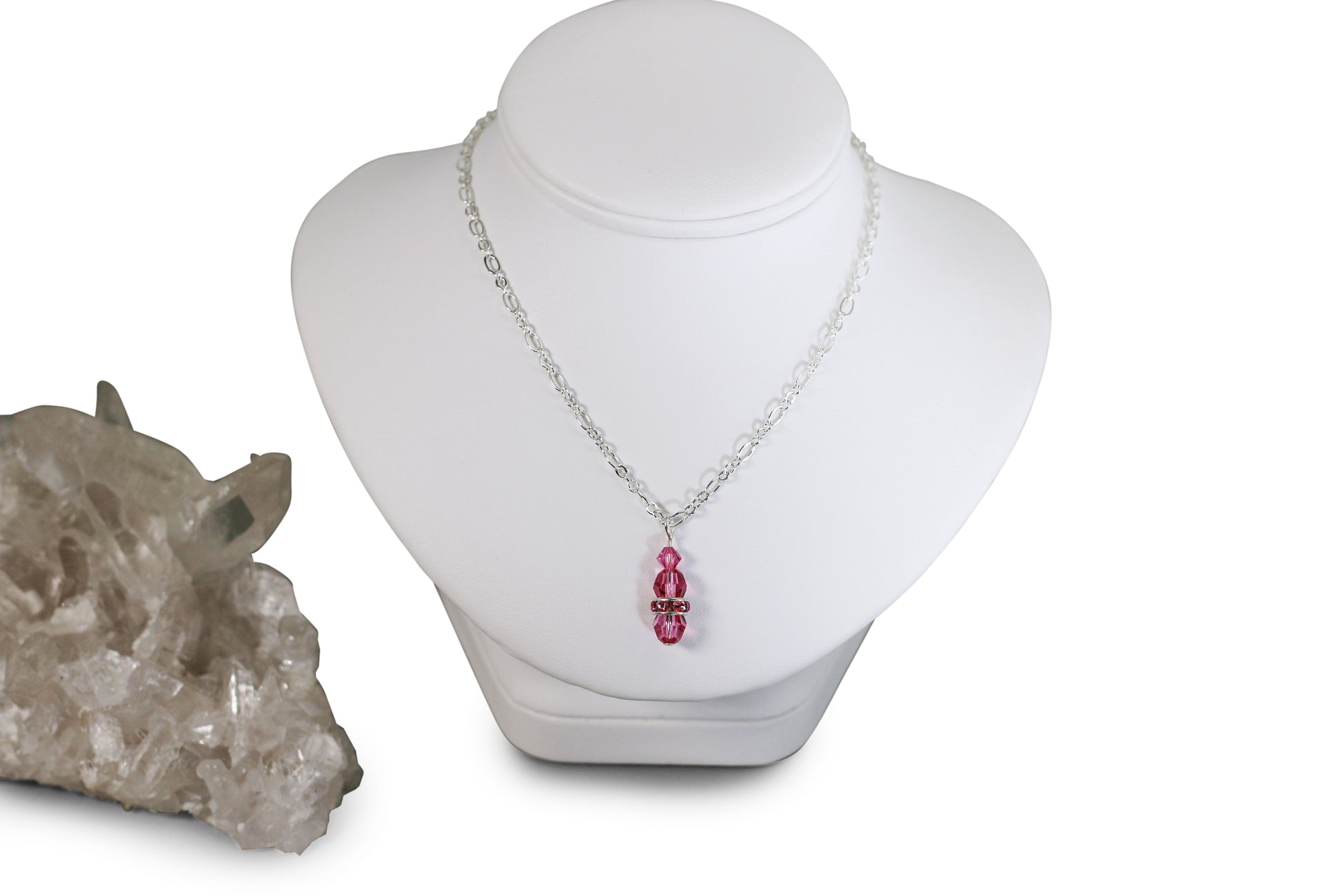Rose Pink Austrian Crystals 16" Figaro Chain Necklace with Sterling Silver Components - Annabel's Jewelry & Leather