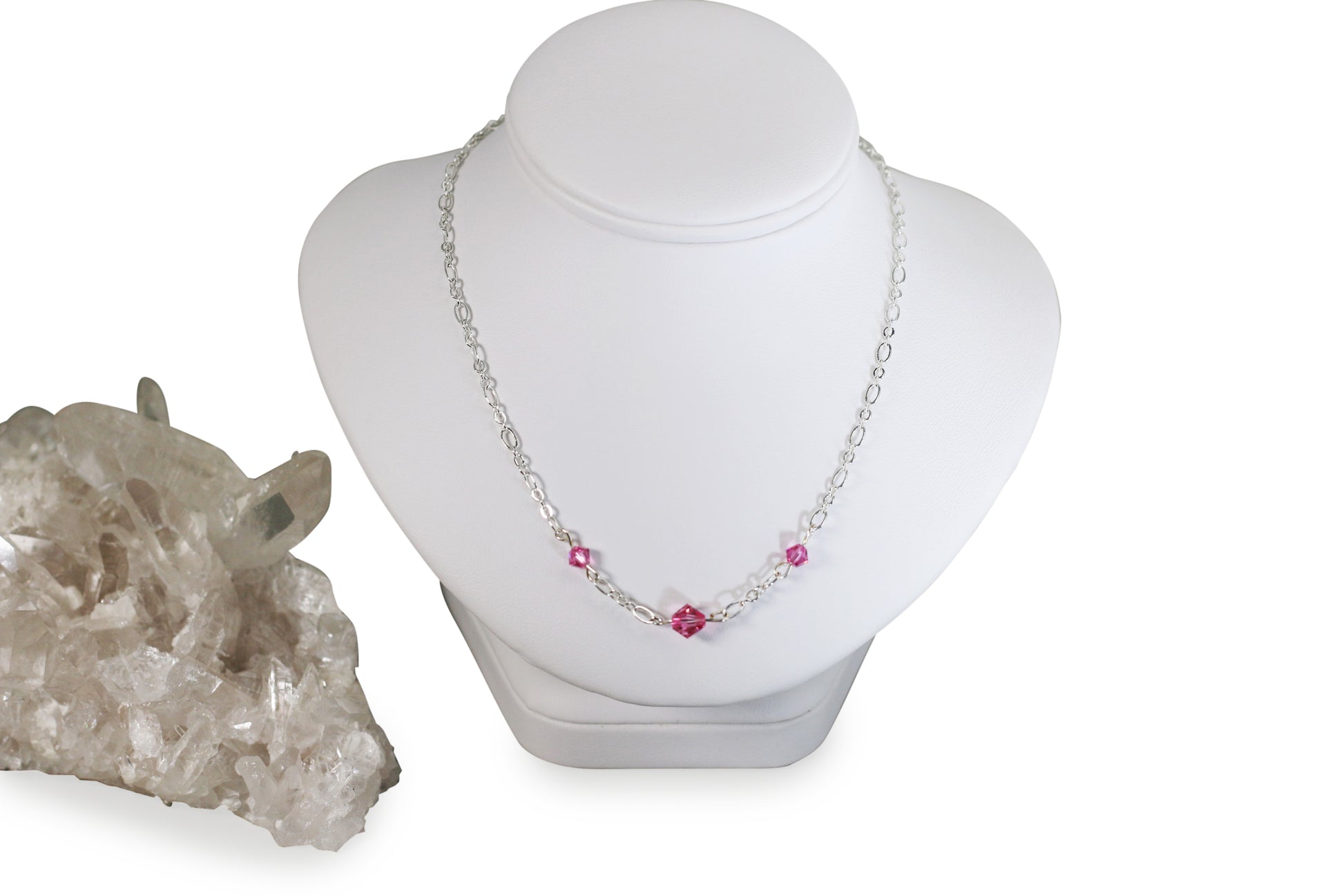 Rose Pink Austrian Crystals 18" Figaro Chain Necklace with Sterling Silver Components - Annabel's Jewelry & Leather
