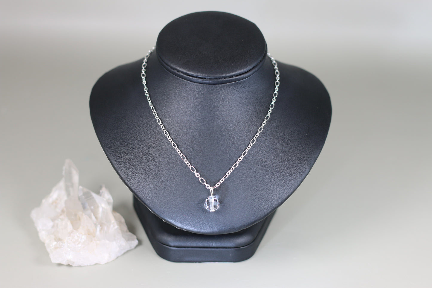 Chessboard Clear Austrian Crystal 18" Figaro Chain Necklace with Sterling Silver Components