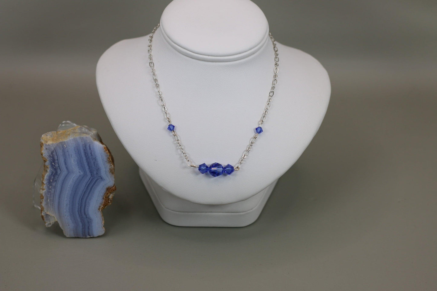 Sapphire Blue Austrian Crystals 18" Figaro Chain Necklace w/Sterling Silver Components - Annabel's Jewelry & Leather