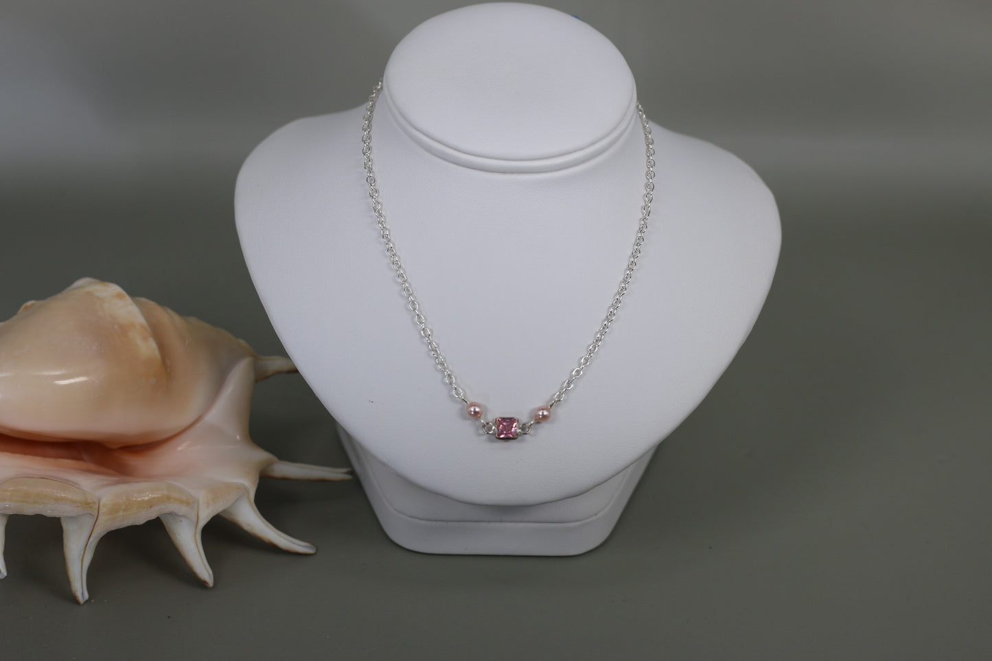 Pink CZ Faceted Square Sterling Silver Rosaline Pink Preciosa Czech Pearls 16" Cable Chain Necklace with Sterling Silver Components - Annabel's Jewelry & Leather