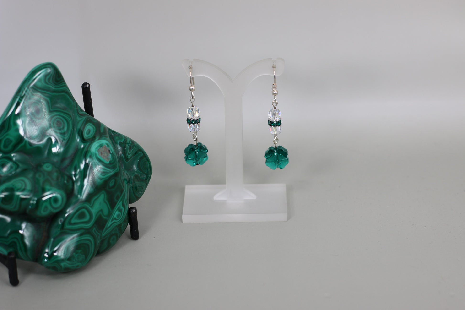 Shamrock Emerald Green Austrian Crystals St. Patrick's Day Sterling Silver Fishhook Earrings - Annabel's Jewelry & Leather