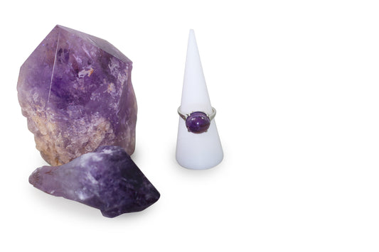 Amethyst Natural Gemstone Sterling Silver Four Prong Ring, Size 7