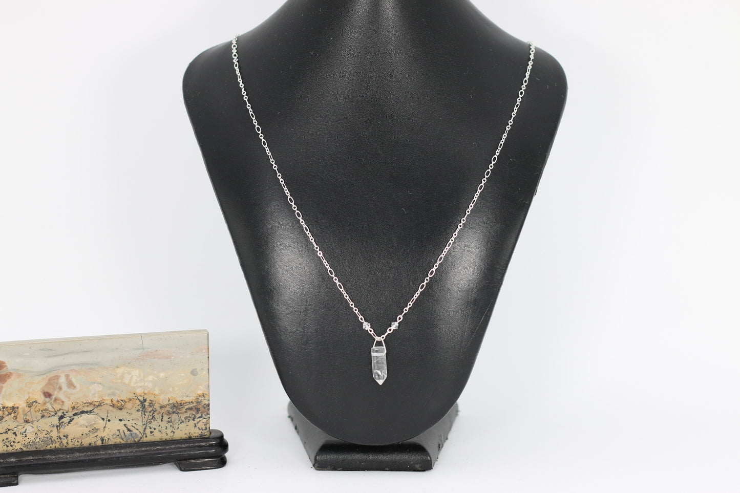 Quartz Clear Natural Gemstone Point and Clear Preciosa Czech Crystals 24" Figaro Chain Necklace with Sterling Silver Components - Annabel's Jewelry & Leather