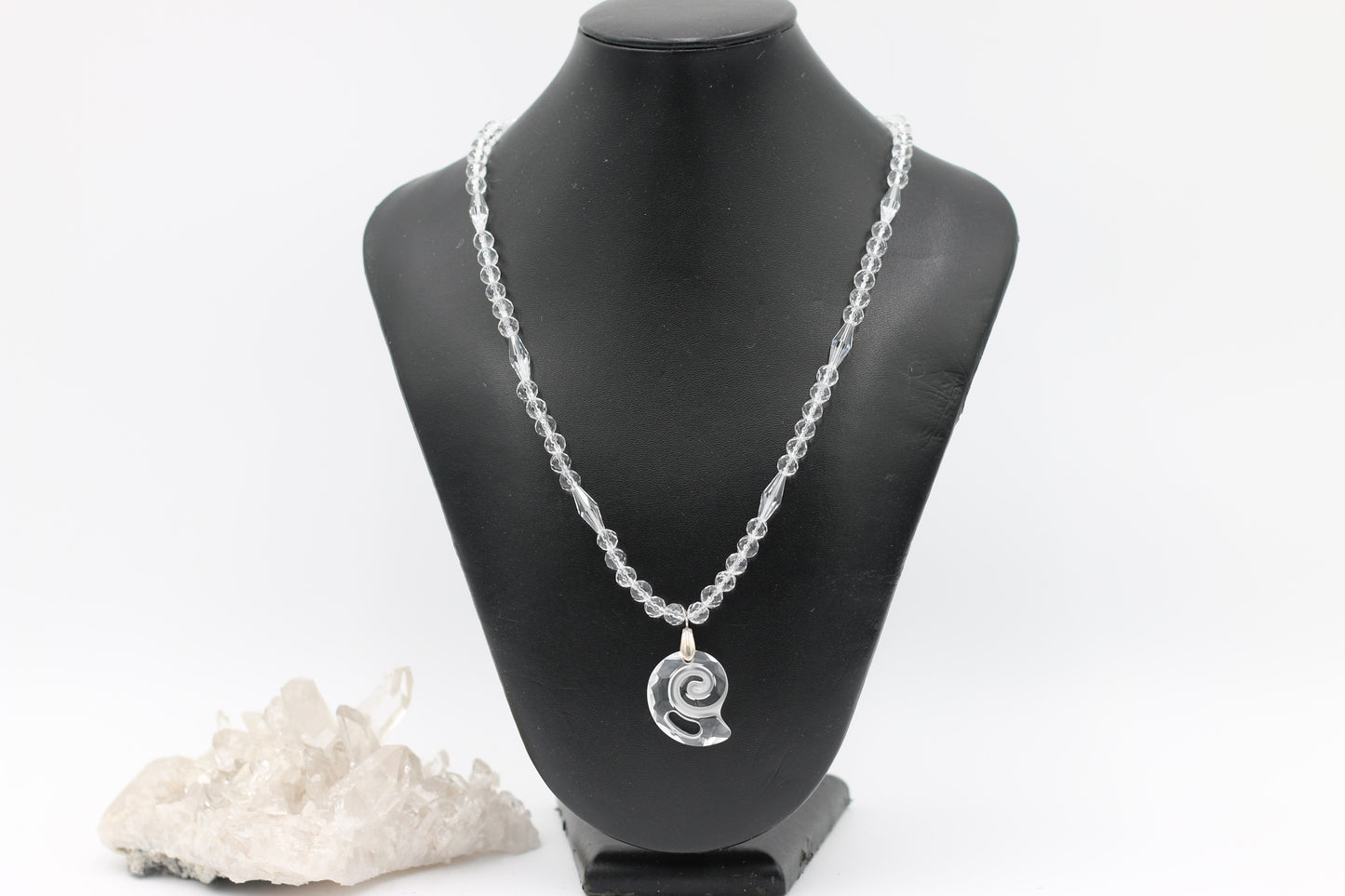 Quartz Clear Natural Gemstones and Austrian Clear Crystal Nautilus 20" Necklace with 3" Extender - Annabel's Jewelry & Leather