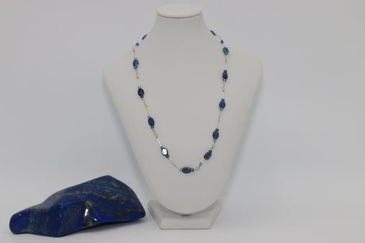 Lapis Natural Gemstones Floating Bead 21” Wire Wrap Necklace with Sterling Silver Components