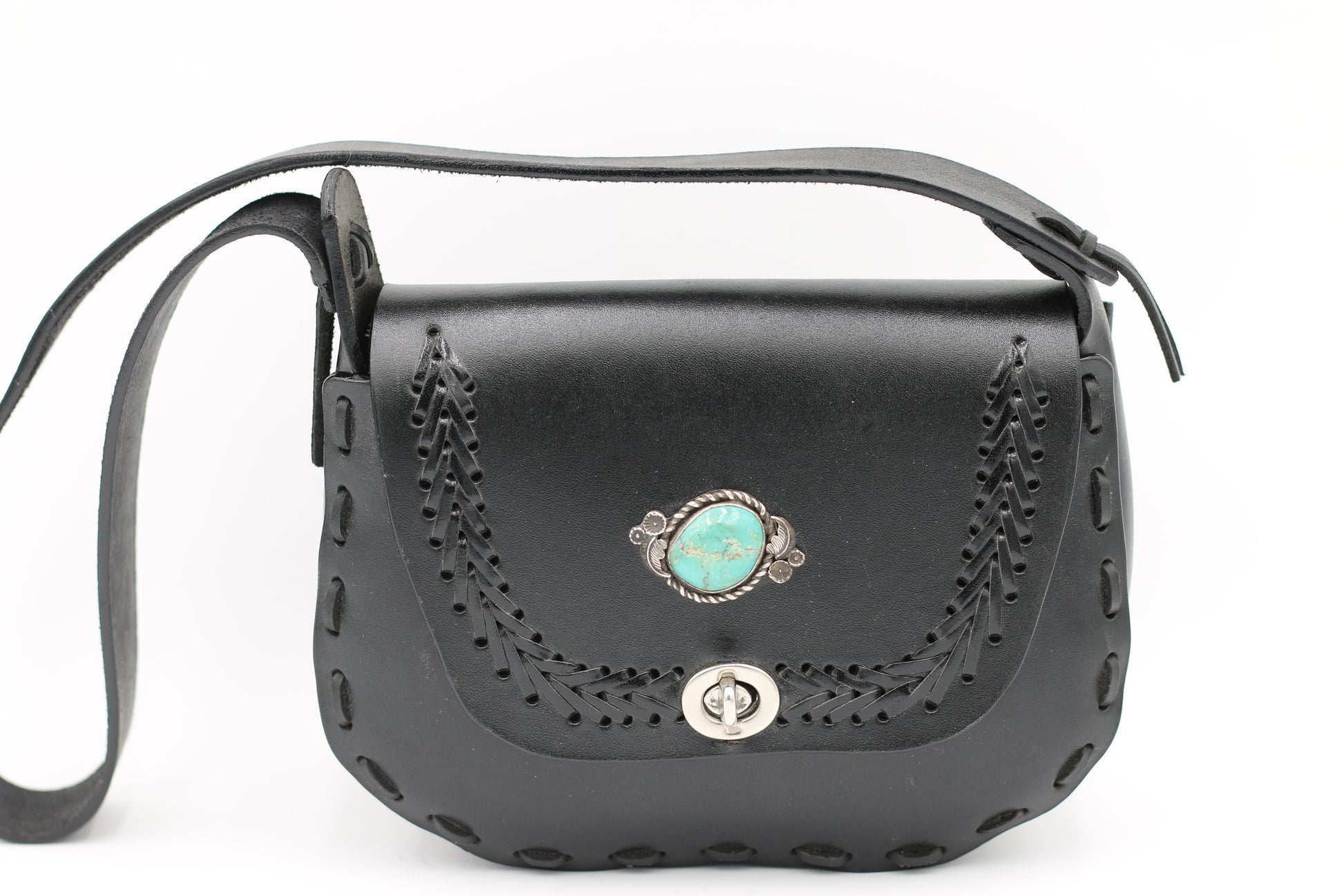 Purse Handcrafted Black Leather with Handcrafted Turquoise Silversmith Cabochon - Annabel's Jewelry & Leather