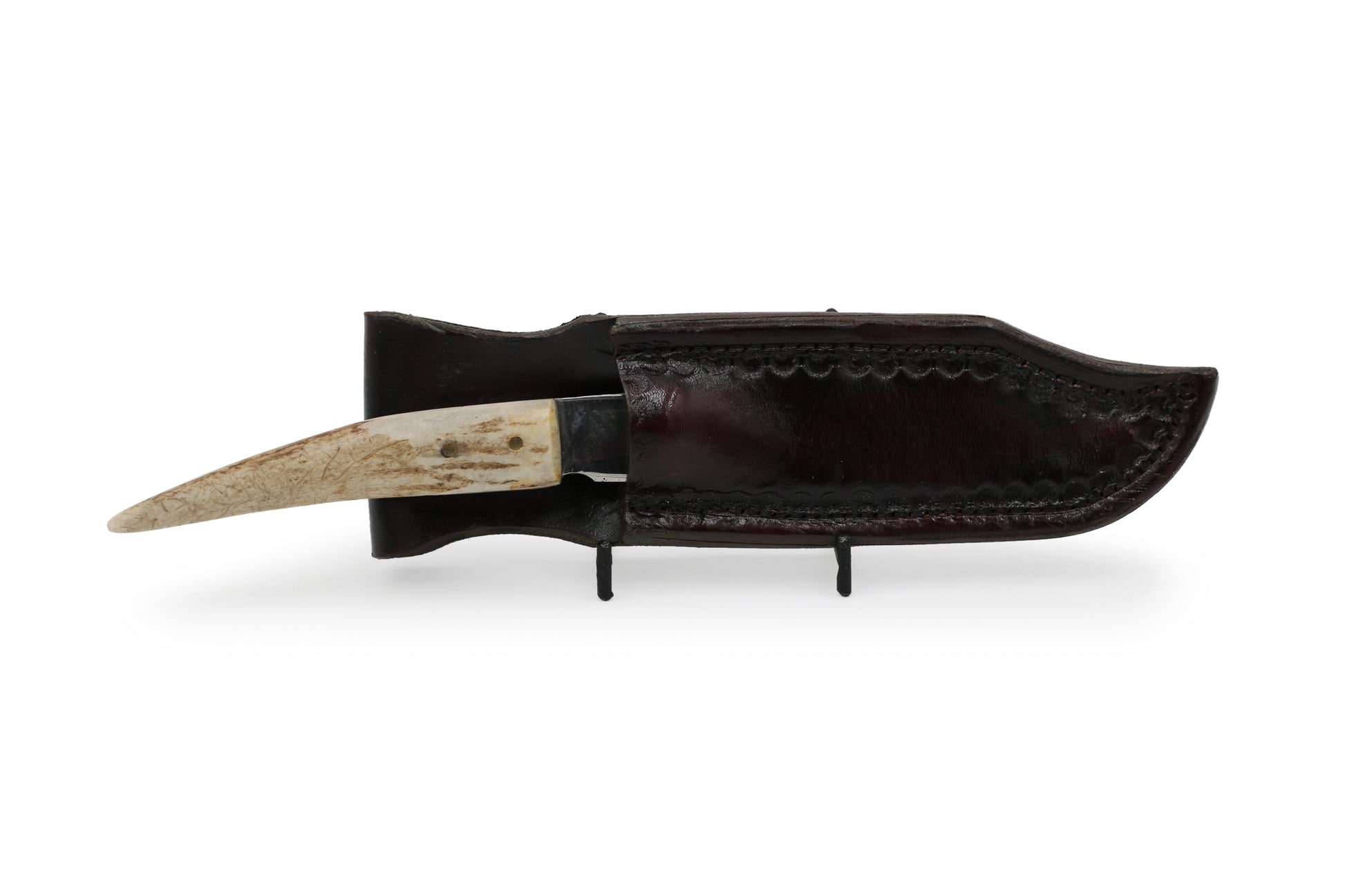 Knife Handcrafted from Saw Blade with Handcrafted Elk Horn Handle and Stamped Dark Brown Handcrafted Leather Sheath - Annabel's Jewelry & Leather