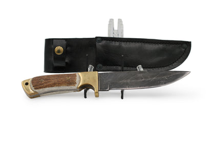 Damascus Handcrafted Hunting Knife with Elk Horn Handcrafted Handle, Brass Bolster and Pommel with Black Leather Handcrafted Sheath - Annabel's Jewelry & Leather