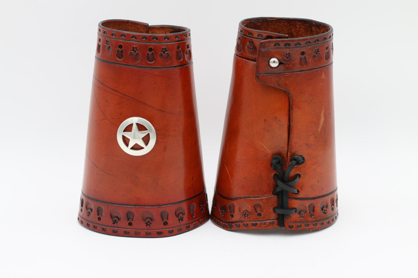 Cuffs Handcrafted Tooled Brown Leather with Star Concho and Button Fastener - Annabel's Jewelry & Leather