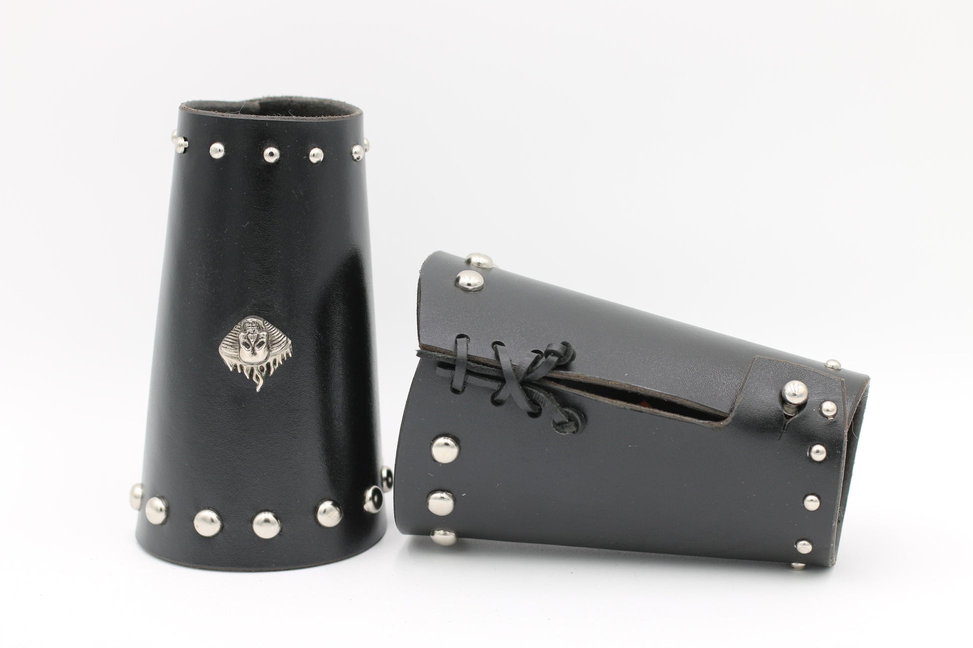 Cuffs Handcrafted Black Leather with Round Studs, Motor Skull Conchos, and Button Fastener - Annabel's Jewelry & Leather