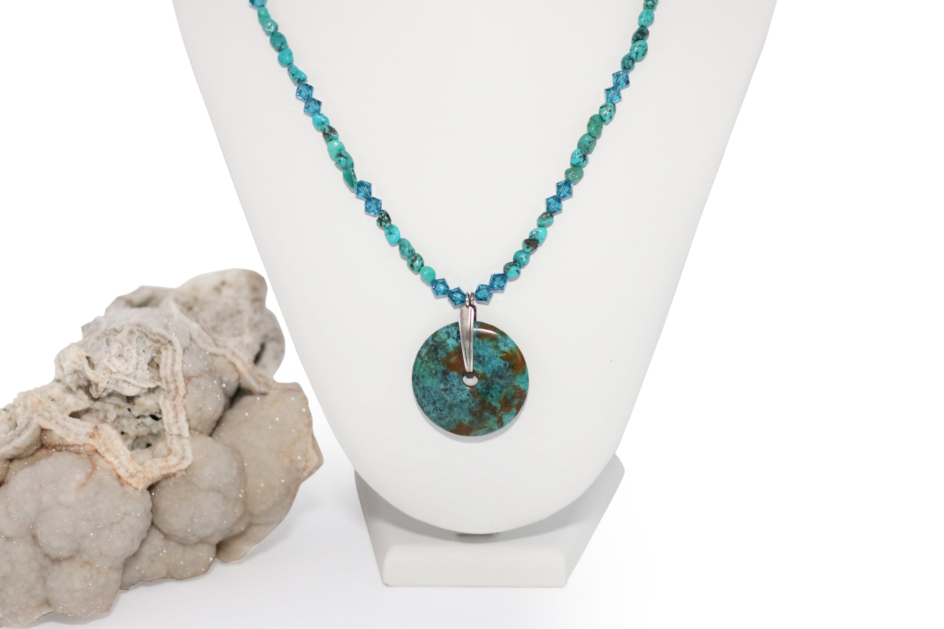 Turquoise Treated Donut Turquoise Blue Austrian Crystals 21" Necklace with Sterling Silver Components and 3" Extender Chain - Annabel's Jewelry & Leather