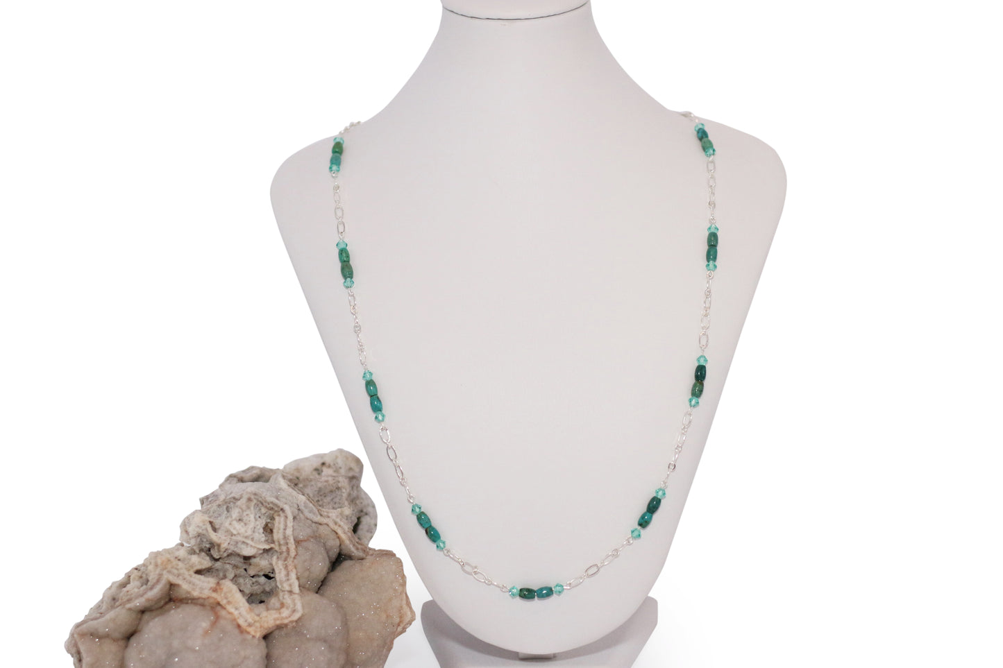 Turquoise Treated and Turquoise Preciosa Czech Crystals, Oval and Round Chain 26'" Necklace with Sterling Silver Components - Annabel's Jewelry & Leather