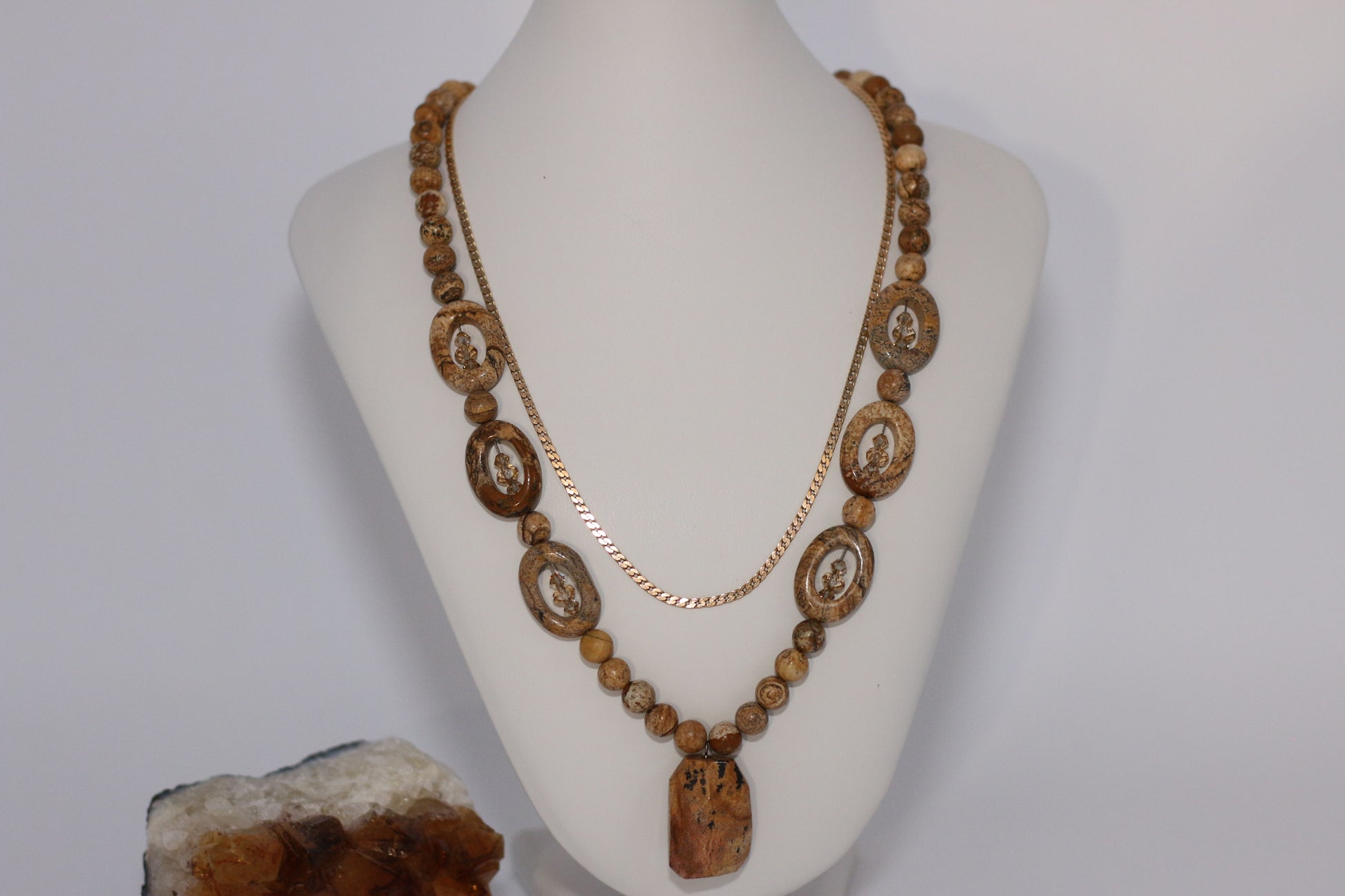 Picture Jasper Brown Natural Gemstones Cabochon Golden Shadow Tan Austrian Crystals 23” Necklace - Annabel's Jewelry & Leather