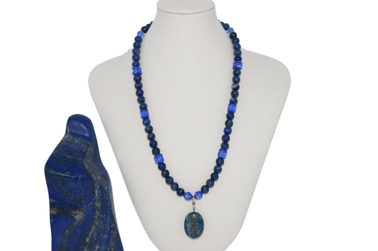 Lapis Blue Natural Gemstones, Sapphire Blue Austrian Crystals 18" Necklace with Sterling Silver Components