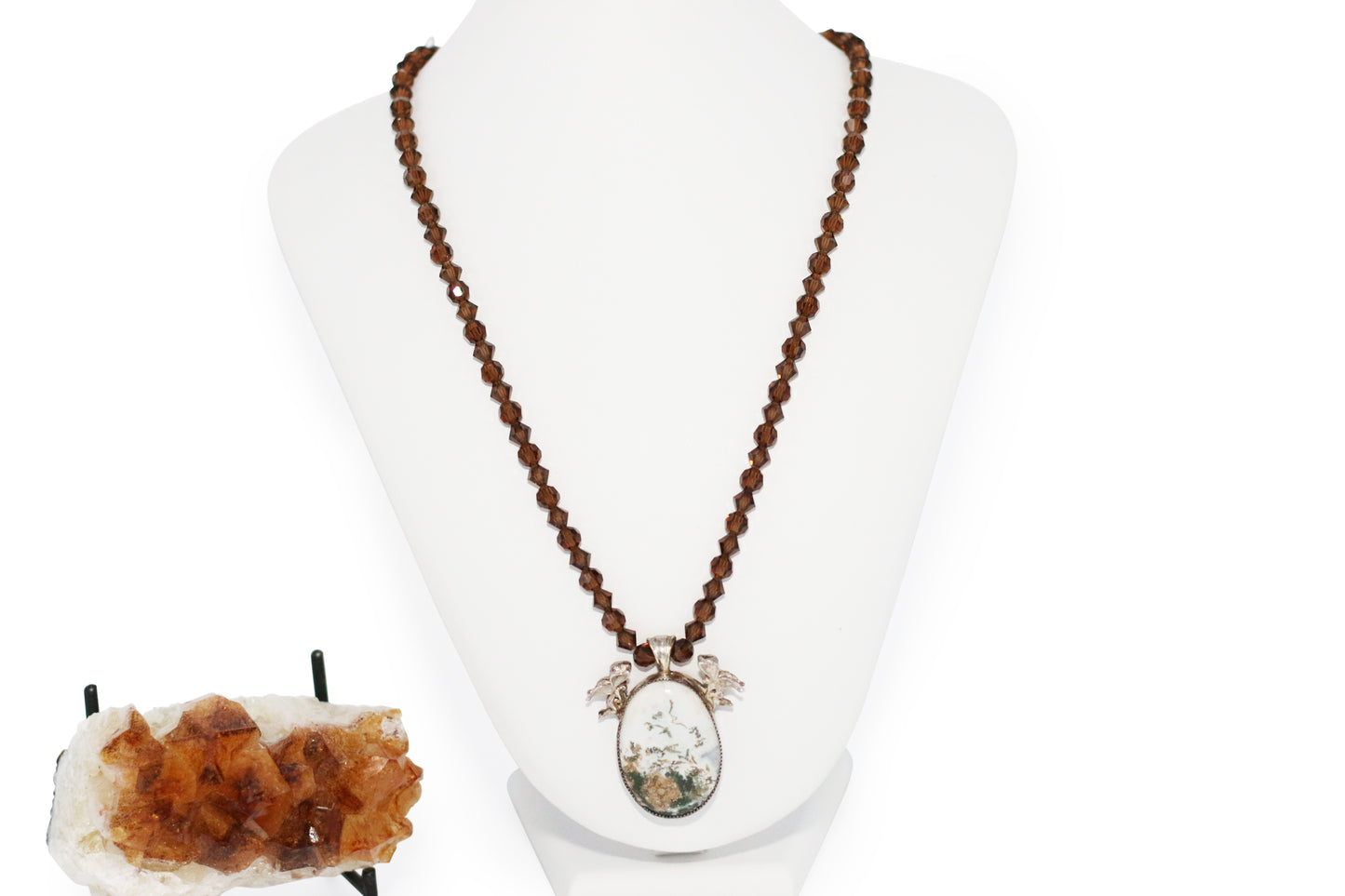 Brown Rose Hand Cut and Polish West Texas Agate Sterling Silver Silversmith Cabochon 23" Necklace with Fairy Charms and Smoke Topaz Preciosa Czech Crystals - Annabel's Jewelry & Leather