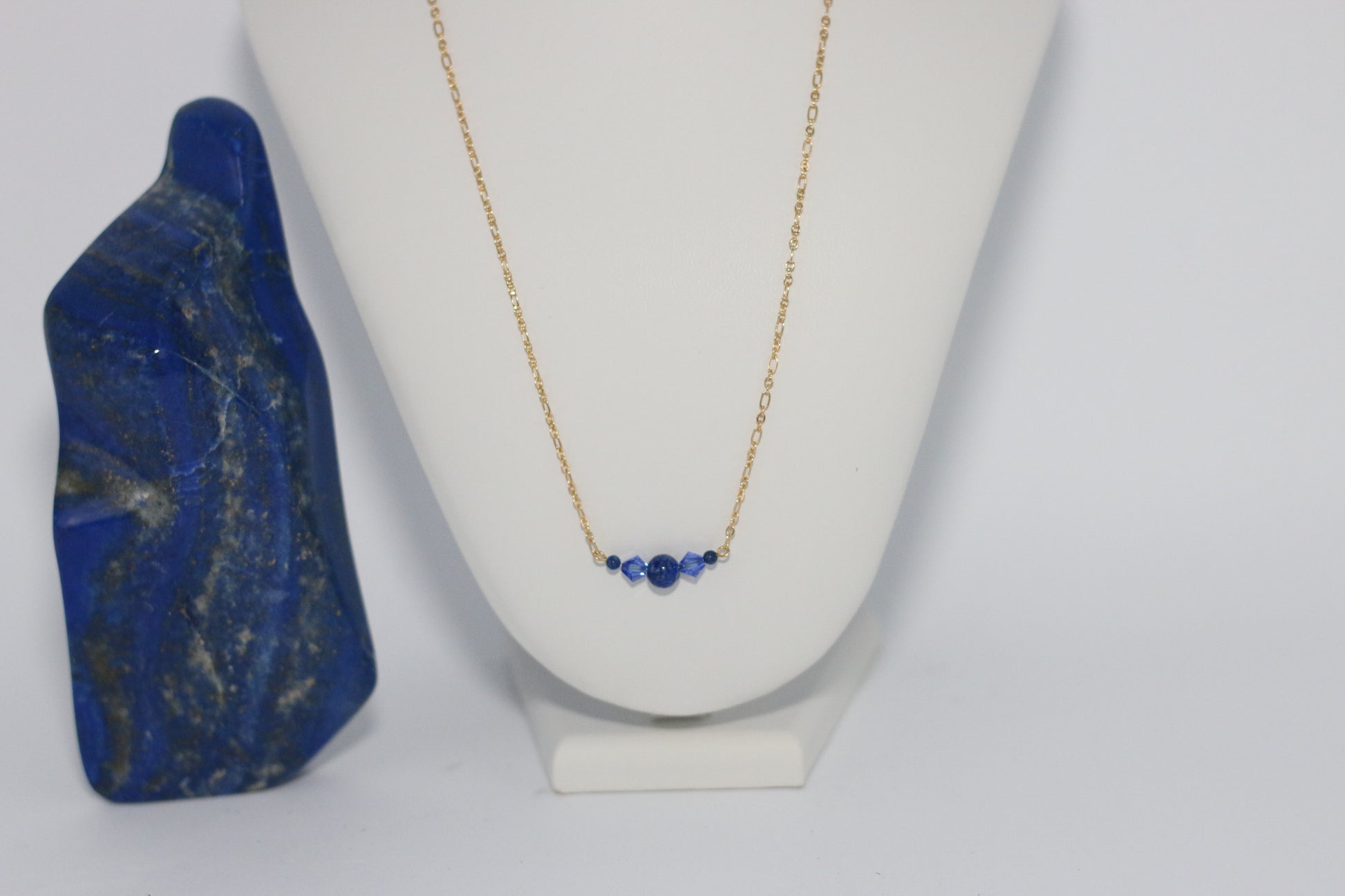 Lapis Blue Natural Gemstone with Sapphire Blue Austrian and Preciosa Czech Crystals 22" Figaro Chain Necklace with Gold Filled Components and 3" Extender Chain - Annabel's Jewelry & Leather