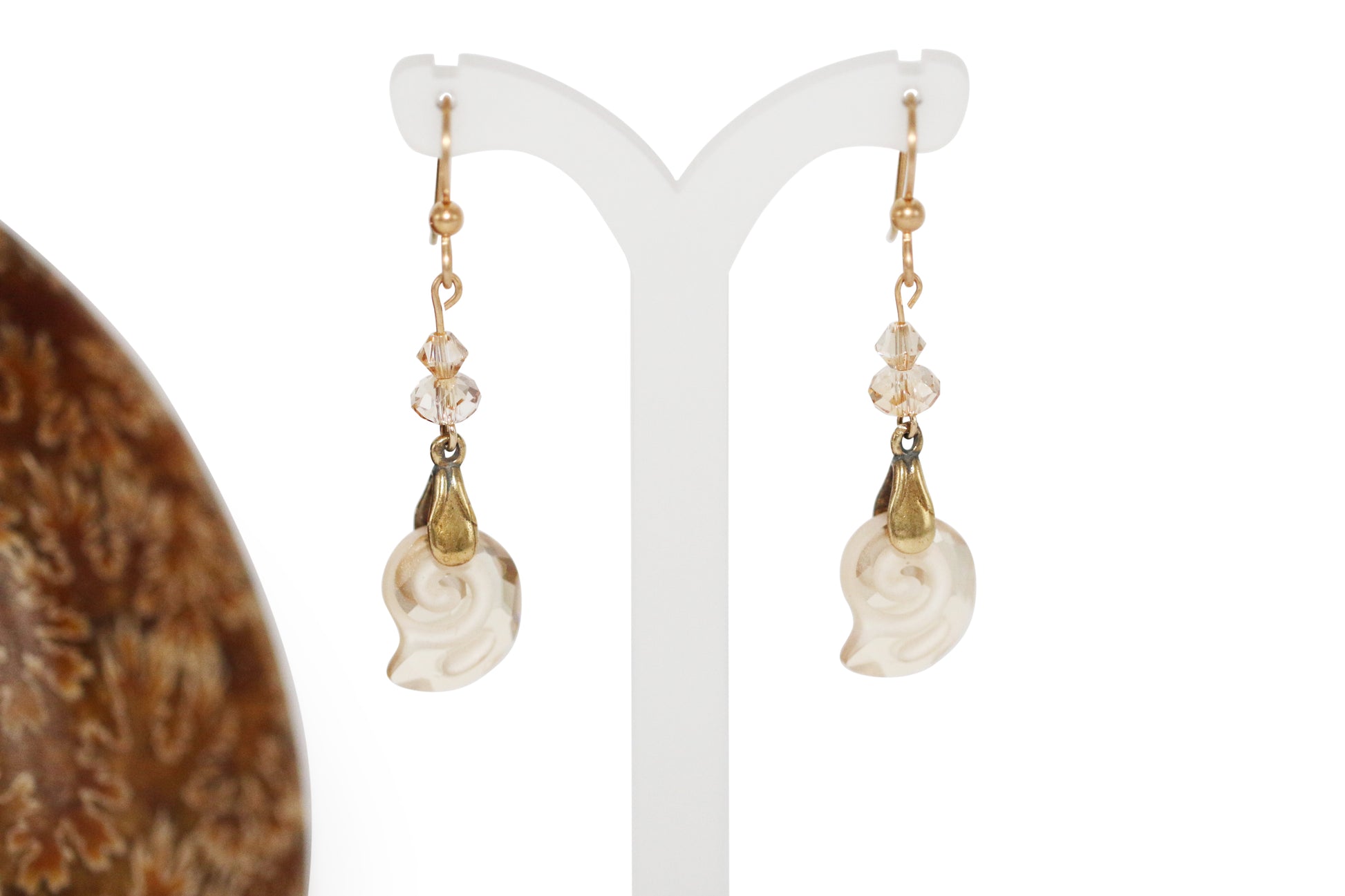 Golden Shadow Light Tan Austrian Crystals Nautilus Gold Filled Fishhook Earrings - Annabel's Jewelry & Leather