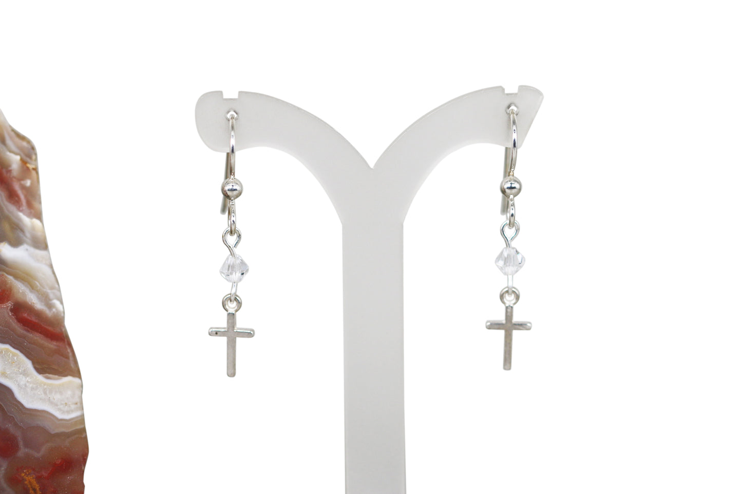 Cross Sterling Silver with Clear Preciosa Czech Crystals Sterling Silver Fishhook Earrings - Annabel's Jewelry & Leather