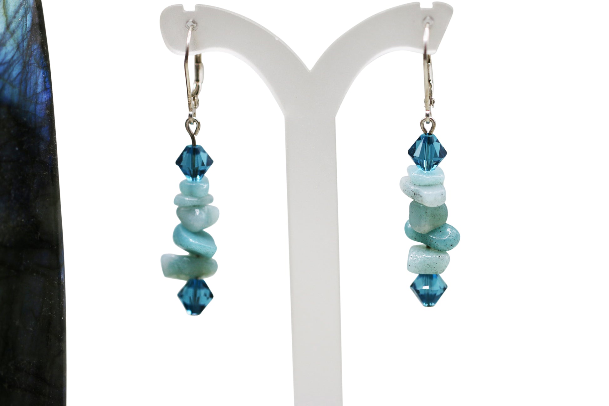 Amazonite Natural Gemstone Chips Sterling Silver Leverback Earrings with Turquoise Austrian Crystals - Annabel's Jewelry & Leather