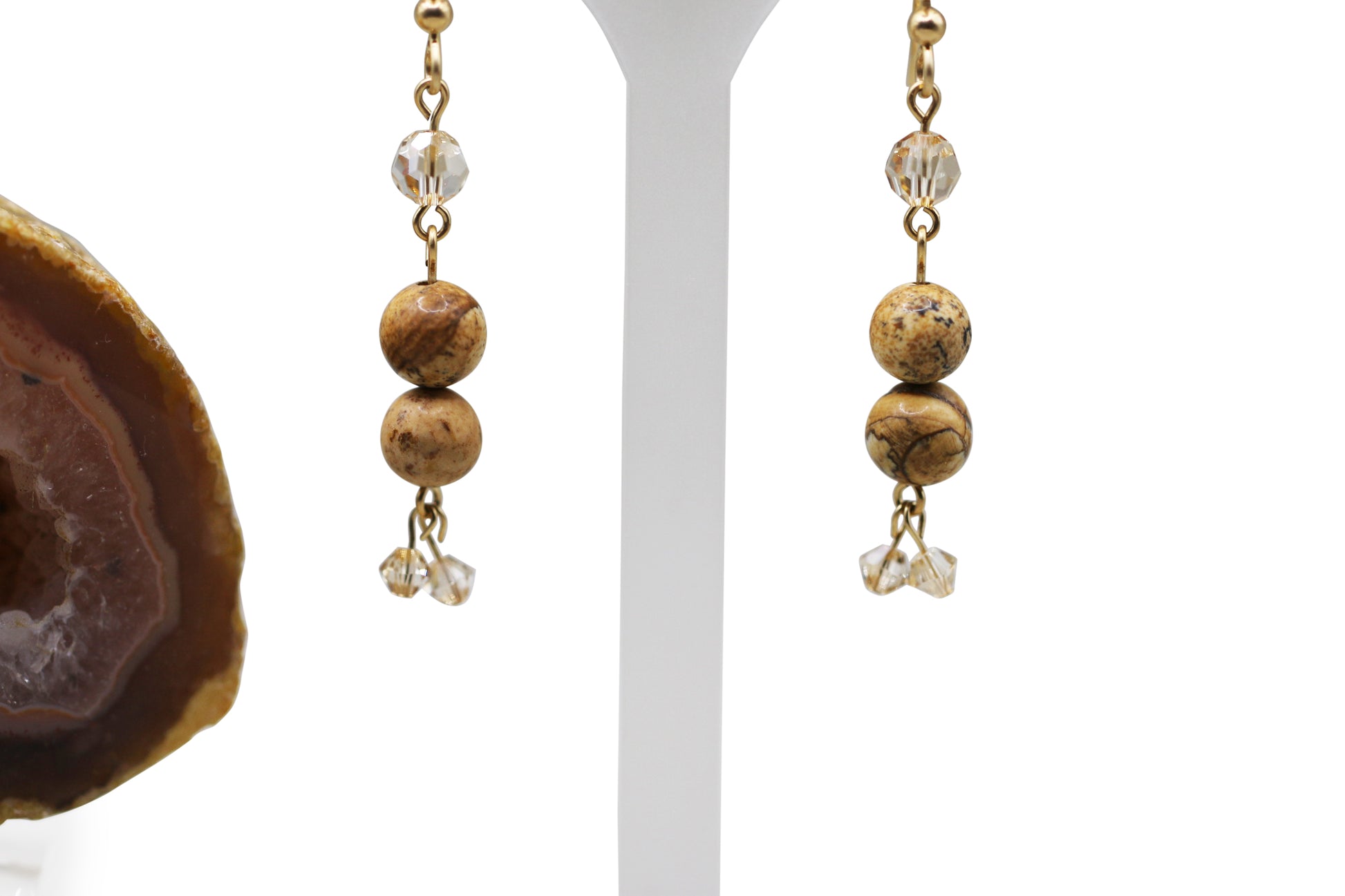 Picture Jasper Natural Gemstones Golden Shadow Austrian Crystals Gold Filled Fishhook Earrings - Annabel's Jewelry & Leather
