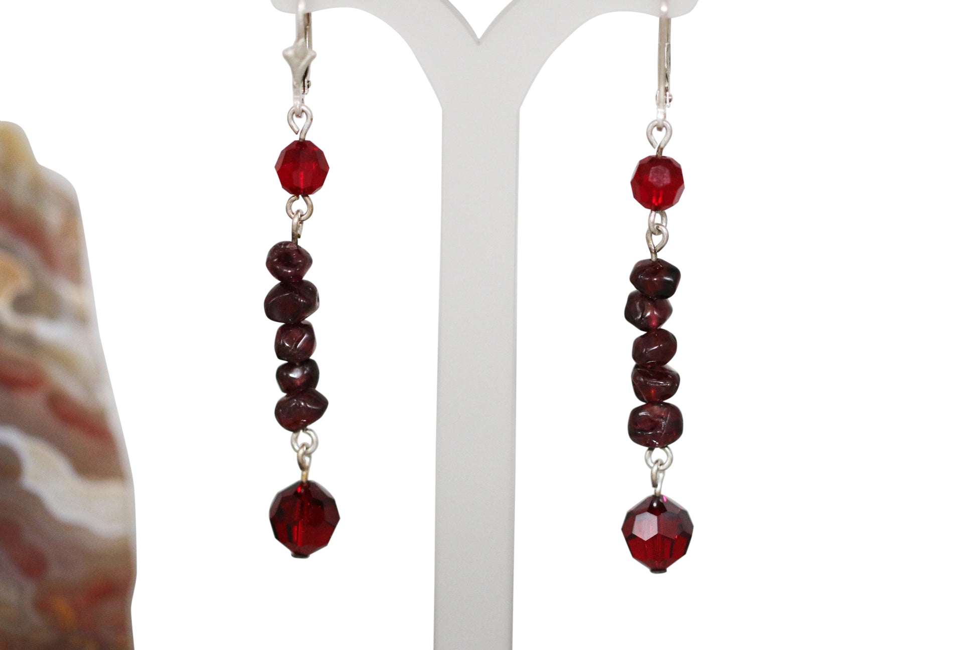 Garnet Natural Gemstone Chips Sterling Silver Leverback Earrings with Siam Austrian Crystals - Annabel's Jewelry & Leather