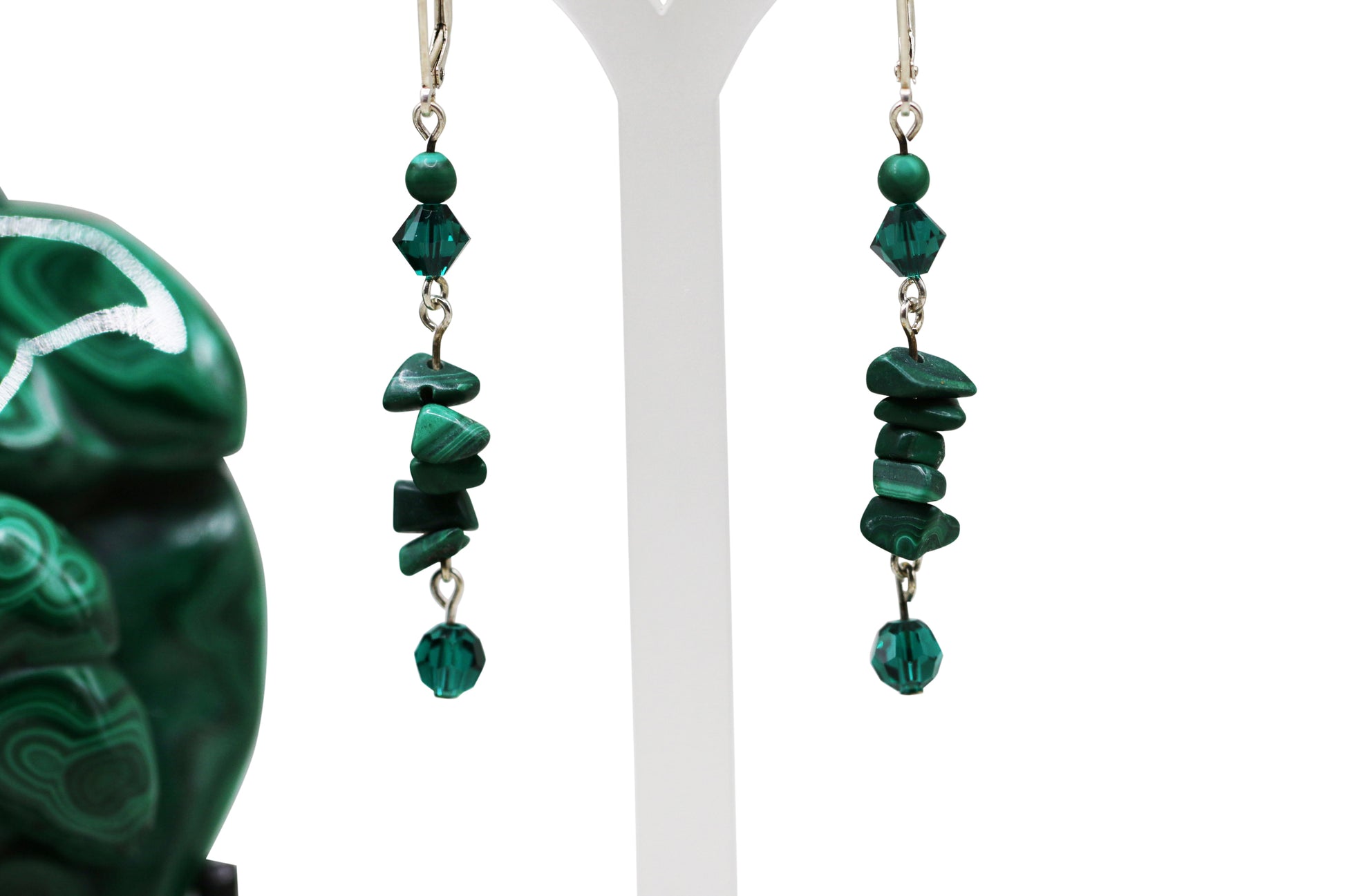 Malachite Natural Gemstone Chips Sterling Silver Leverback Earrings with Emerald Green Austrian Crystals - Annabel's Jewelry & Leather