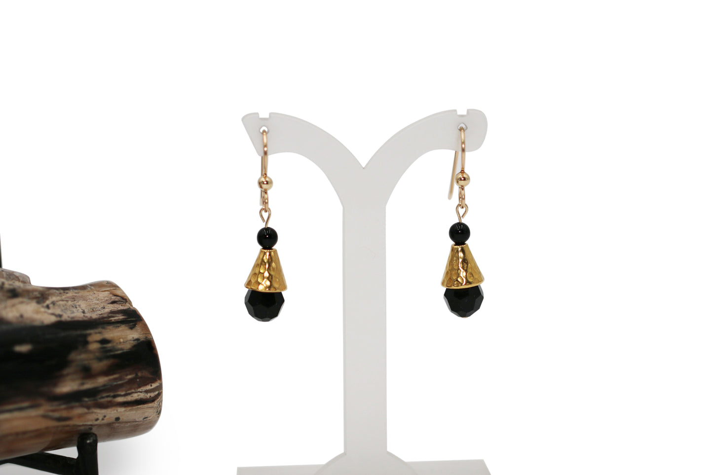 Jet Black Austrian Crystals with Cones and Black Obsidian Natural Gemstones Gold Filled Fishhook Earrings - Annabel's Jewelry & Leather