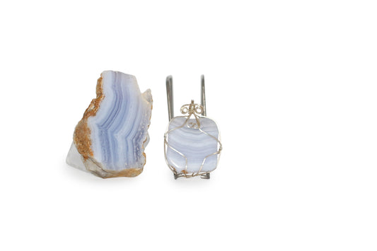 Blue Lace Agate Natural Gemstone Sterling Silver Wire Wrap Cabochon